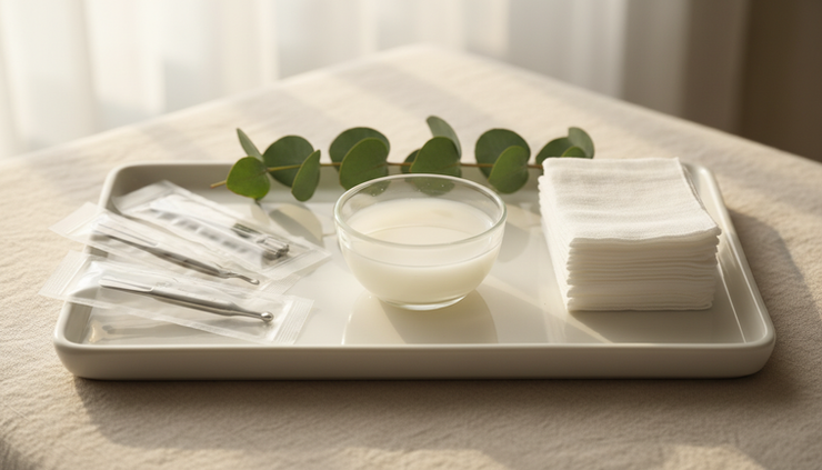 Close-up view of a treatment tray with sterile aesthetic tools and soft linen.