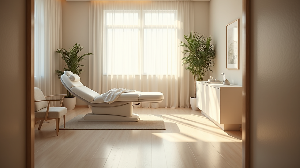 Eye-level view of a peaceful treatment room with soft natural light and comfortable seating