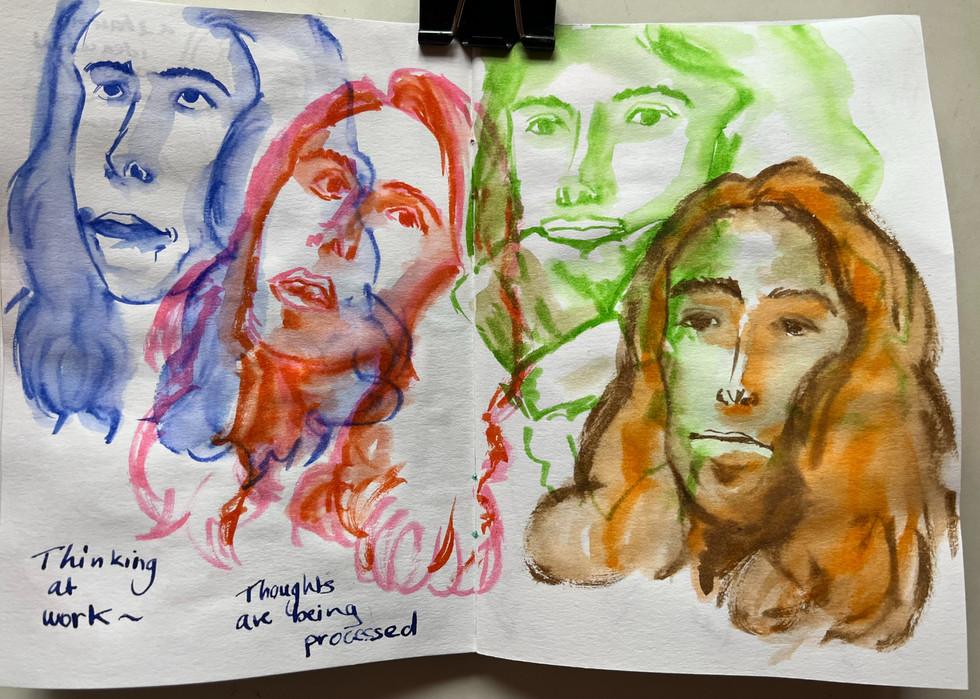 four watercolour pen portraits of thinking faces 