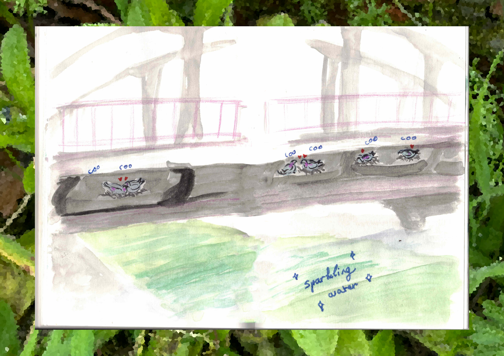 a watercolour painting of pigeons nesting under a bridge 