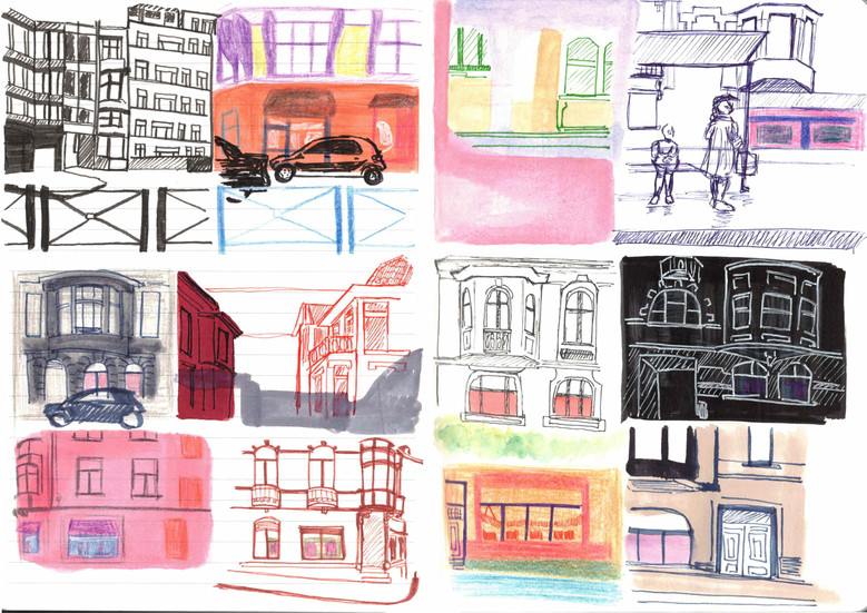 a frame by frame drawn documentation of a tram reflection