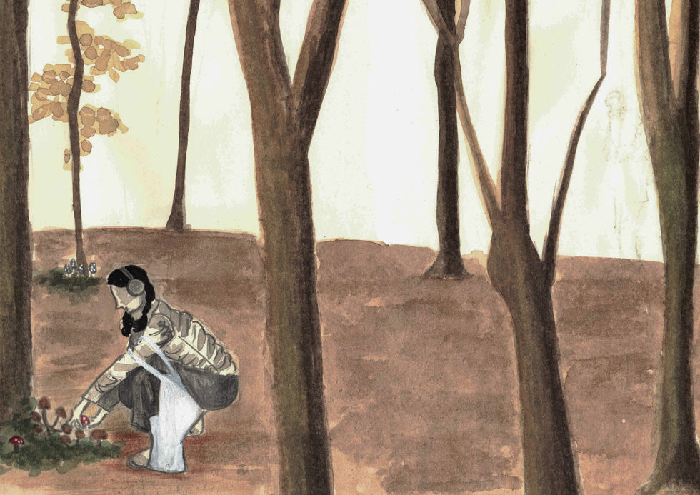 girl in forest picking mushrooms