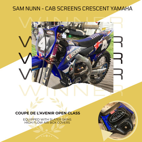 AWESOME!  Sam Nunn wins the Coupe D'Avenir Open Class with Slater Skin high flow air box covers.

Congratulations Sam Nunn & Cab Screens Yamaha 👊