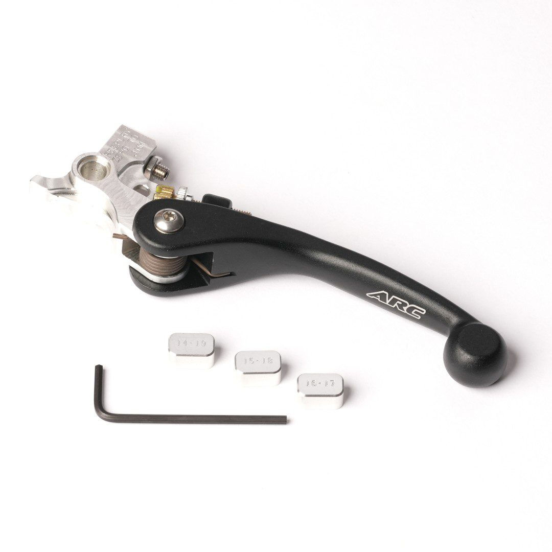 Close up, ARC PowerLever Clutch Lever for KTM motorcycles, featuring adjustable ratios, pivoting action