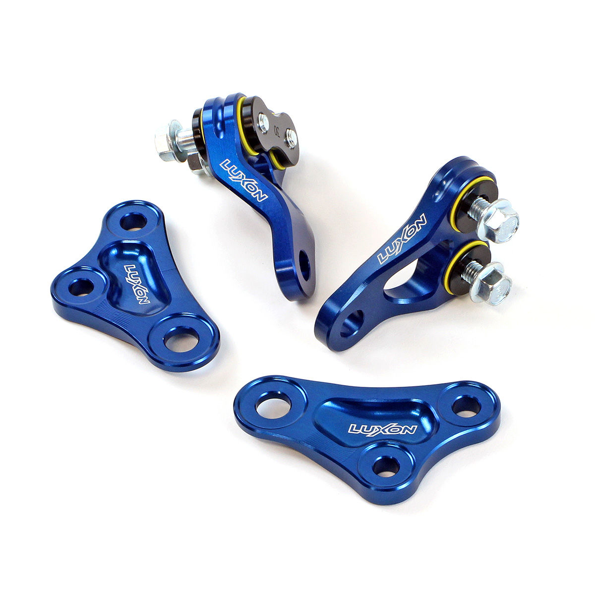 Luxon rubber isolated engine mounts for Yamaha YZ250F 2024-2026 and YZ250FX 2025-2026, CNC machined aluminum. Blue