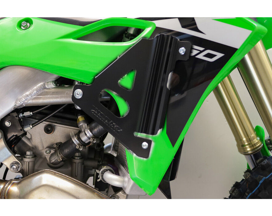 Miniatura: Black satin Works Connection Radiator Braces with reinforced aluminum design for Kawasaki models.