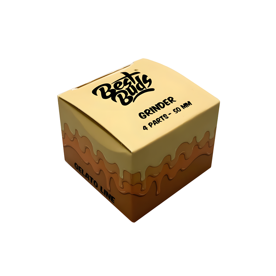 Best Buds aluminiumsgrinder gul 4-deler med magnetlokk, riflet grep, sikt og oppsamlingsrom