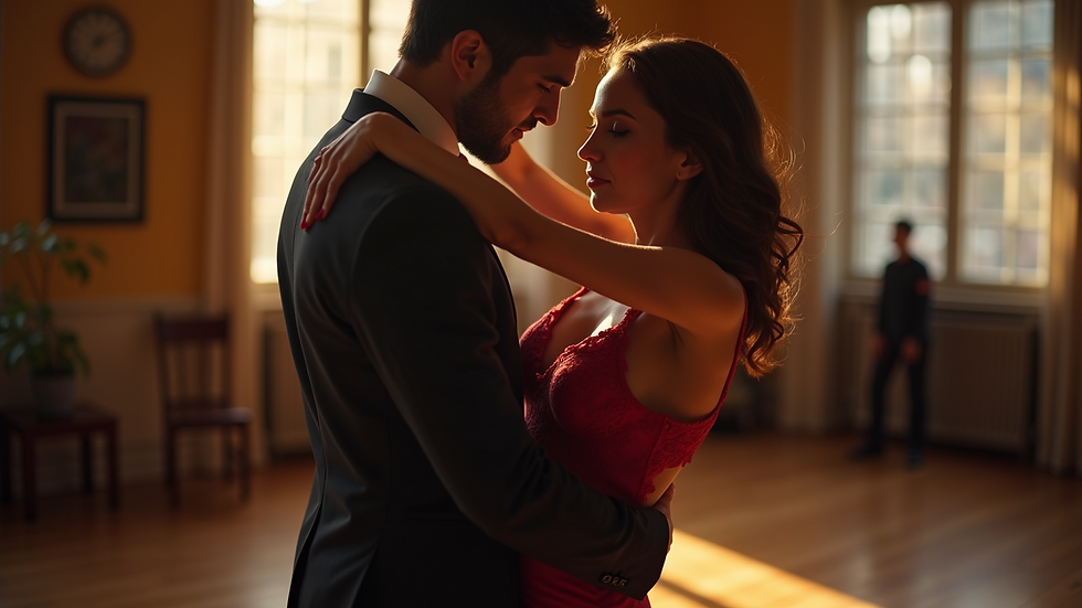 Close-up view of a tango dancer’s posture and embrace during practice