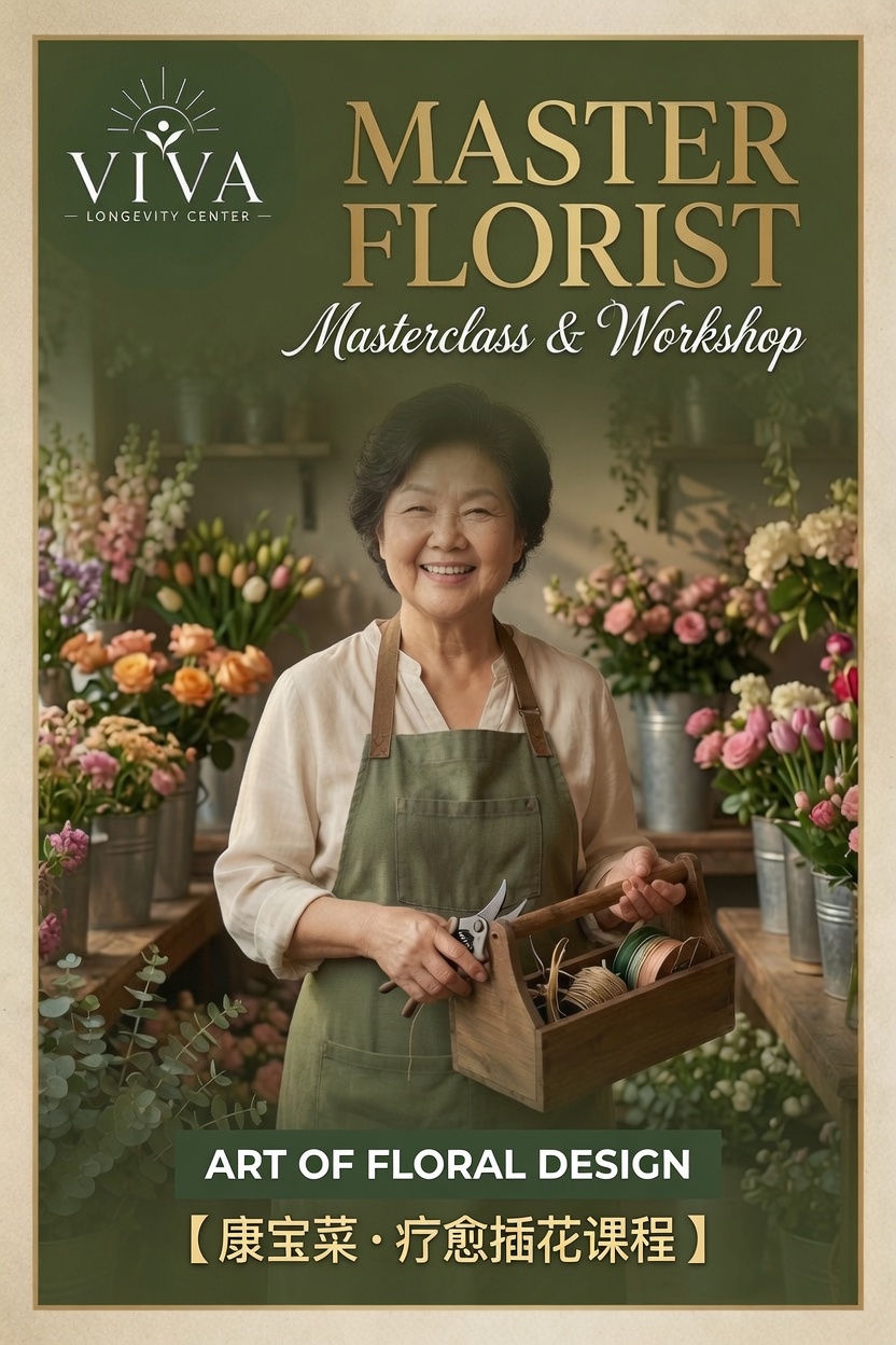 VIVA Longevity Center floral healing workshop promotional poster