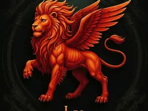 Mystical illustration of a Leo lion under a radiant purple night sky