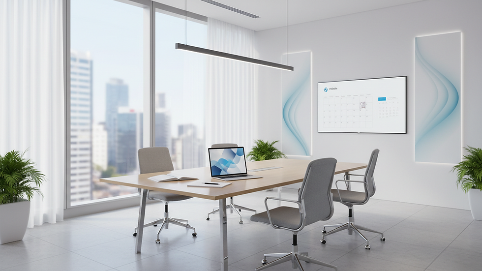 Eye-level view of a modern office meeting room with a laptop and notes on the table