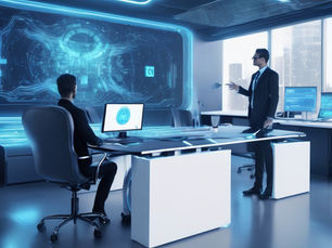A futuristic office environment with AI-powered robotic arms, data visualisations, and digital workflows connecting people and machines seamlessly, symbolising AI automation in business.