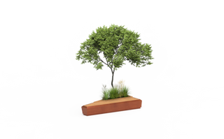 Banc en métal et bois sans dossier avec jardinière végétalisée.