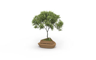 Banc végétalisé LAPILUS Round avec dossier, assise, arbuste central et plantes décoratives.