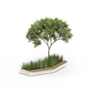Assise sans dossier avec jardinière, arbuste et herbes hautes.