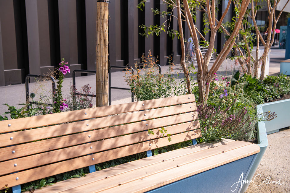 Banc avec dossier intégré dans une jardinière fleurie bleue au design contemporain à Energypolis Sion.