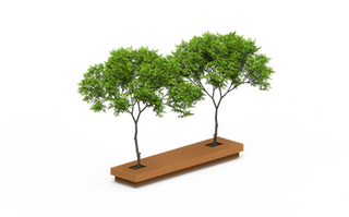 Grand banc en lattes de bois, avec 2 espaces pour planter des arbustes et avoir de l'ombre sur les assisses.