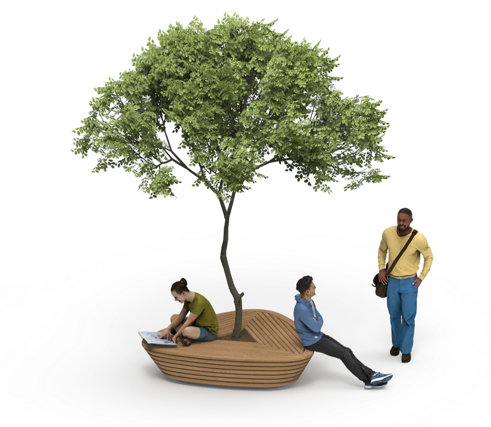 Module Lapilus - Deck en bois arrondi avec arbre planté au centre.
Design elegant, lattes de bois, plantation en bac
