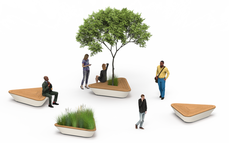 Rendus 3D du mobilier urbain lapilus, bois et métal avec plantation, de forme triangulaire et angle arrondis