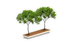Grand banc en lattes de bois et structure en métal, avec 2 espaces pour planter des arbustes et avoir de l'ombre sur les assisses.