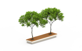 Grand banc en lattes de bois et structure en métal, avec 2 espaces pour planter des arbustes et avoir de l'ombre sur les assisses.