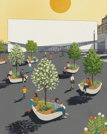 Du mobilier urbain de la collection lapilus en métal, planté avec des arbustes et des plantes vivaces sur la place de plateforme 10, un ilot de chaleur urbain. Ces modules créent une oasis urbaine, un ilot de fraîcheur un espace de rencontre.