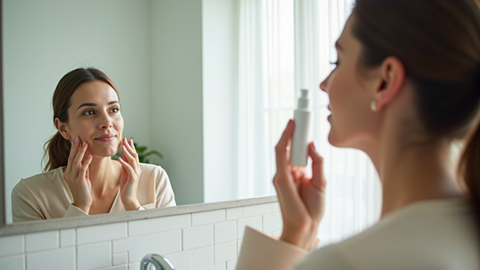 Close-up view of a mother applying skincare products in a bright bathroom