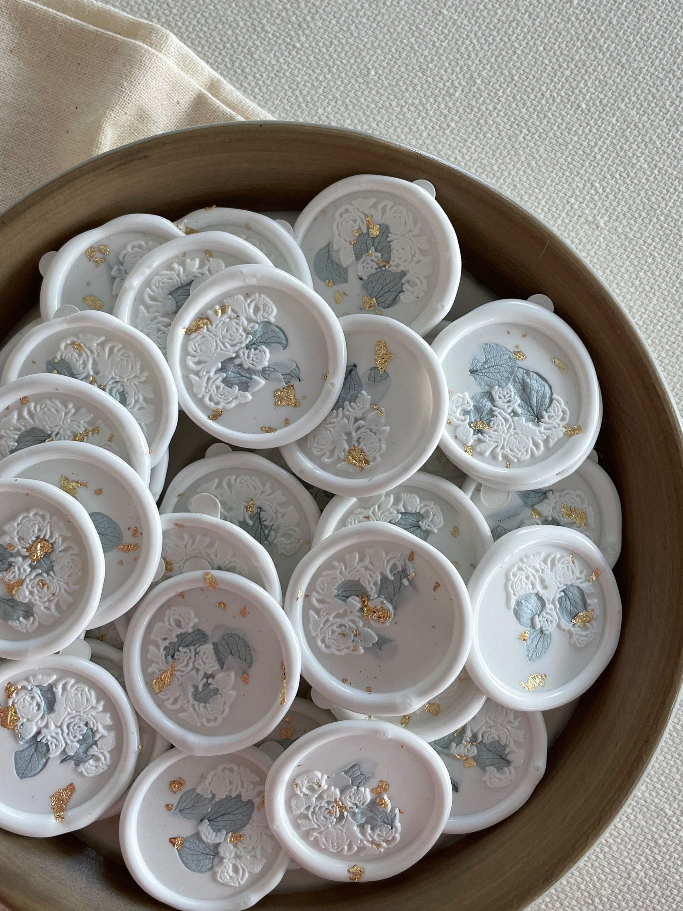 Self Adhesive wax seal with gold flakes and hydrangea petals