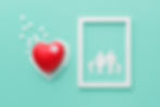 Red heart with a patch surrounded by pills on teal background, next to a white family silhouette in a frame. Represents health and care.