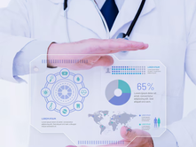 Doctor in white coat with stethoscope holds a holographic medical chart showing graphs and a 65% statistic. Bright, clinical setting.