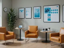 Eye-level view of a doctor’s office waiting room with chairs and medical posters