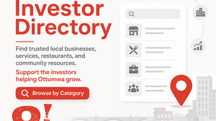 GOPIP Investor Directory graphic featuring red and gray branding, category icons, a search bar, and text encouraging users to find trusted local businesses and community resources.
