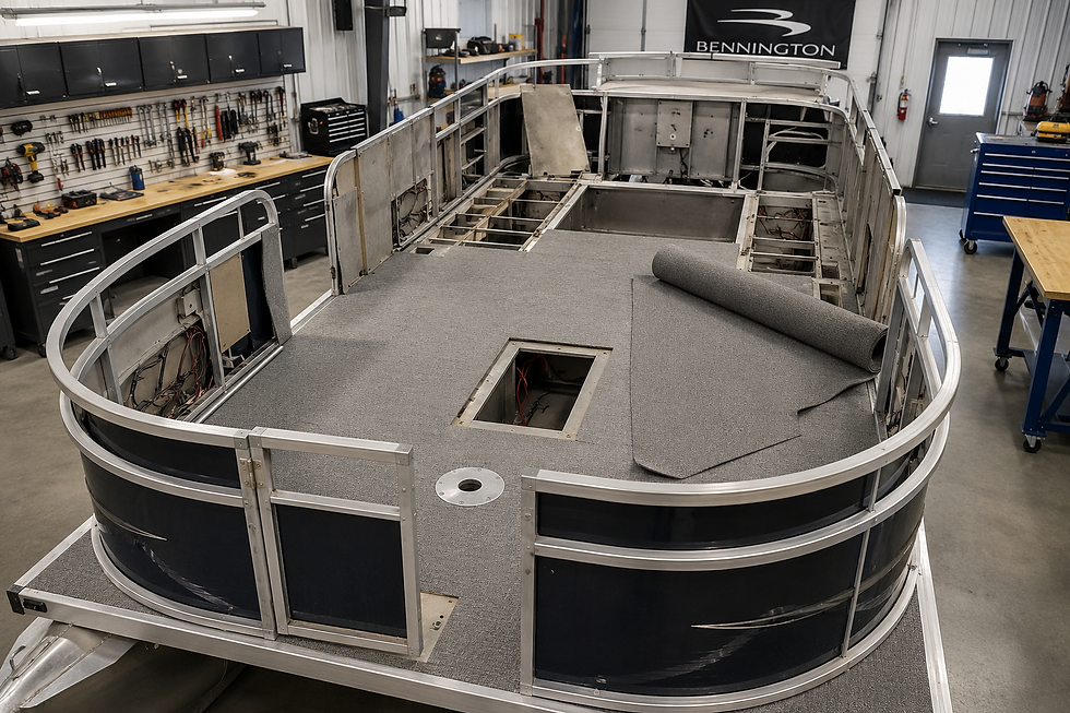 Boat and pontoon refitting and refurbishing in a workshop.