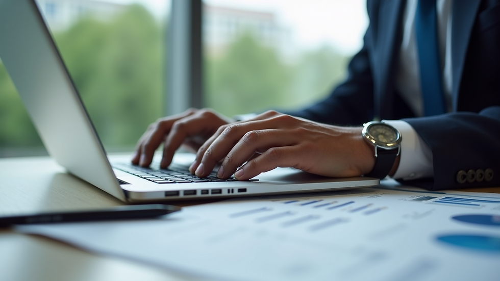 Close-up view of a business analyst reviewing competitor reports on a laptop
