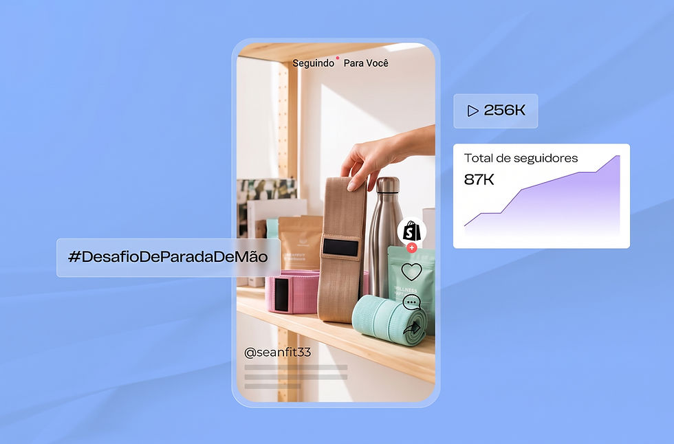 Como vender no TikTok Shop: guia passo a passo completo Tela de rede social com produtos fitness, mão pegando bloco, gráfico de seguidores 87K e hashtag #DesafioDeParadaDeMão