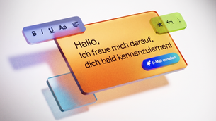 Kreative E-Mail Dressen Symbolbild: Bunte Benutzeroberfläche mit Text "Hallo, Ich freue mich darauf, dich bald kennenzulernen!" und blauem Button "E-Mail erstellen" im Fokus.