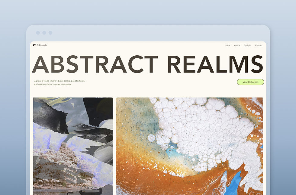 Cómo crear una página web de artista
Maqueta de web de arte abstracto con ABSTRACT REALMS, botón View Collection y dos obras texturizadas en crema, negro y naranja.