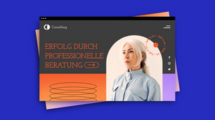 Website selber machen wie ein Profi: Webseiten-Mockup mit Frau im hellblauen Blazer, Schrift Erfolg durch professionelle Beratung, Social-Icons, dunkler Hintergrund.