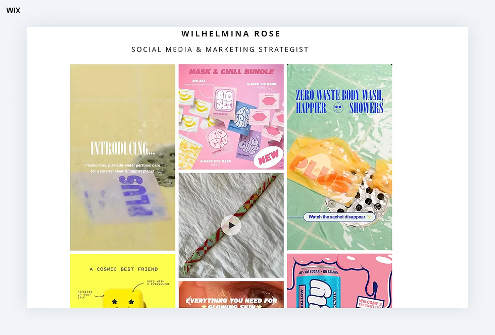 Wix-Portfolio von Wilhelmina Rose mit bunter Collage aus Beauty- und Pflegeanzeigen und Texten wie Social Media & Marketing Strategist