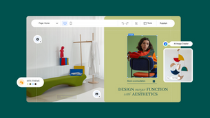 Website Design Beispiel Frau auf Stuhl, grünes Design
