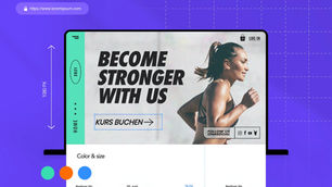 Fitness Website erstellen. Fotness Website Beispiel: Läuferin vor grauem Hintergrund; Text: "BECOME STRONGER WITH US", "KURS BUCHEN"; bunter Rand auf blauem Hintergrund, moderne Website-Grafik.