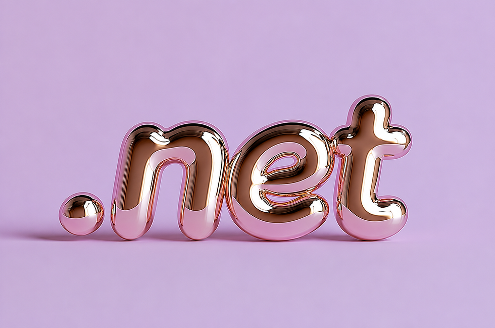 ¿Qué es un dominio .net? Logo 3D de .net en rosa cromado sobre fondo lila degradado.