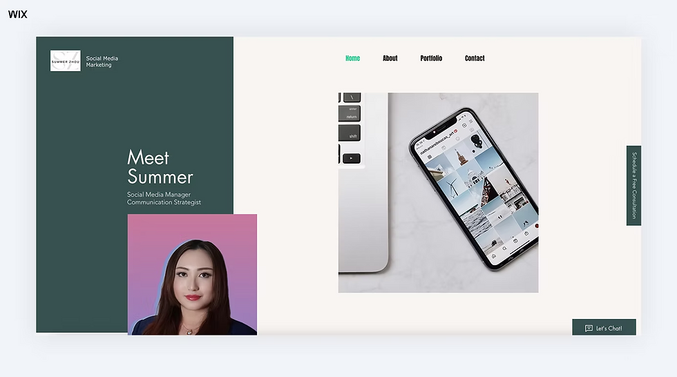 Website-Layout für Social-Media-Marketing: Porträt von Summer, Smartphone mit Instagram-Grid, Menü Home/About/Portfolio/Contact.