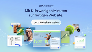 WIX Harmony Kosten: Mit KI in wenigen Minuten zur fertigen Website, Button Jetzt Website erstellen, blaue UI-Kollagen.
