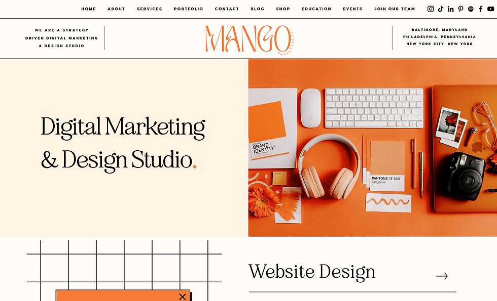 Mango Digital Marketing & Design Studio Portfolio Beispiel in Organge von Wix zum Digital Design