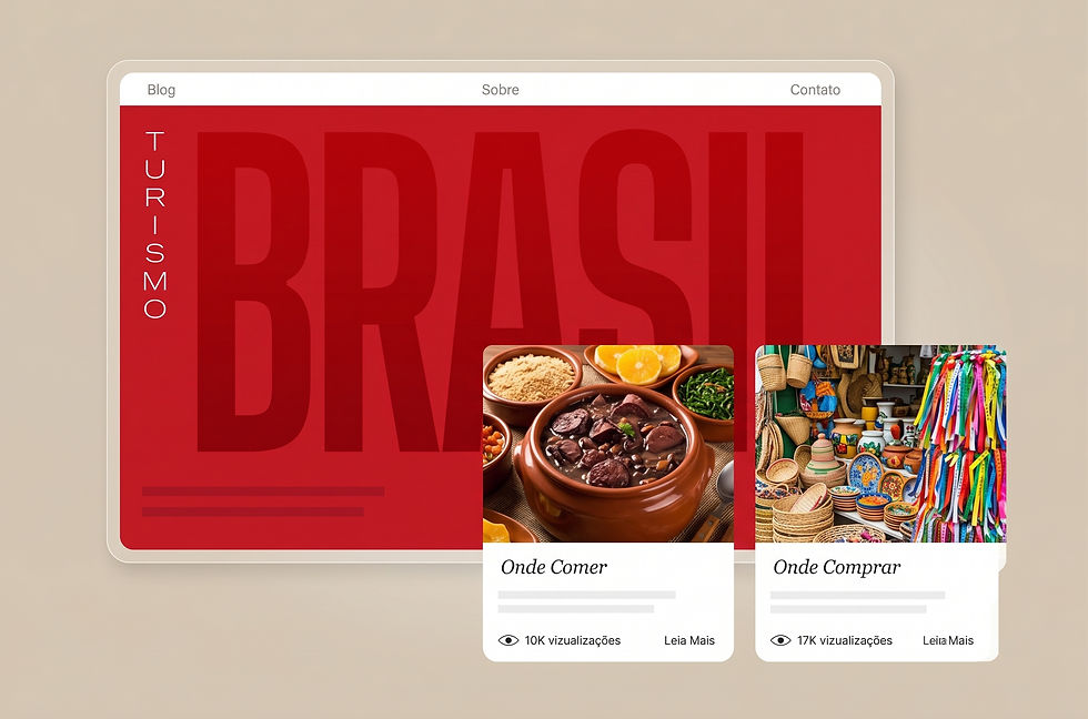 Como criar um blog grátis: guia completo para começar do zero Mockup de site de turismo do Brasil com fundo vermelho, menu Blog/Sobre/Contato e cards Onde Comer e Onde Comprar.