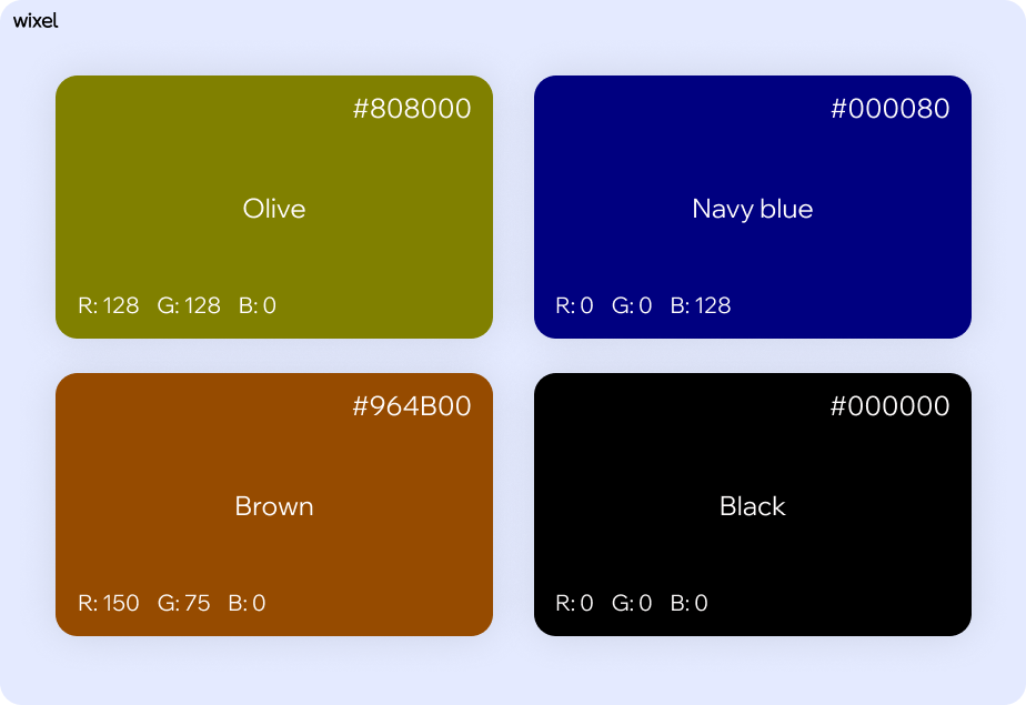 Waldgrün Olivgrün: HEX # 808000, RGB (128, 128, 0) Marineblau: HEX # 000080, RGB (0, 0, 128) Braun: HEX # 964B00, RGB (150, 75, 0) Schwarz: HEX # 000000, RGB (0, 0, 0)