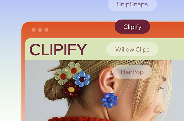 Website Beispiel Kleinunternehmen: Person mit bunten Blumen-Haarclips und blauem Ohrring. Text: CLIPIFY, SnipSnaps, Willow Clips, HairPop. Heller Hintergrund.