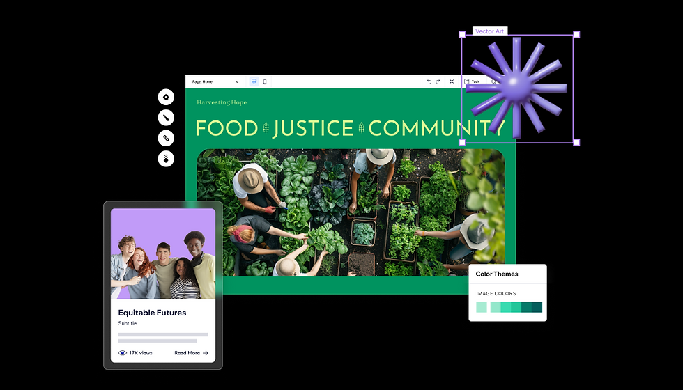Die besten Domainendungen für deinen Blog Beispiel: Design-Editor mit FOOD JUSTICE COMMUNITY, Gartenarbeit von oben, Karte Equitable Futures und lila Vektorstern.