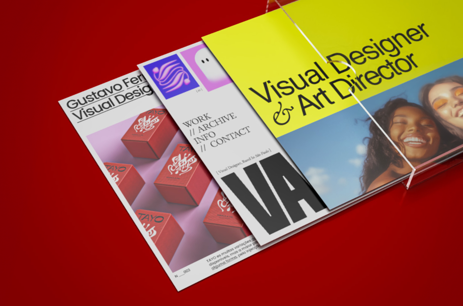 Die besten Domainendungen für deine Portfolio Website mit drei Design-Magazinen auf rotem Hintergrund, mit Titeln Visual Designer & Art Director und WORK // ARCHIVE // INFO // CONTACT.